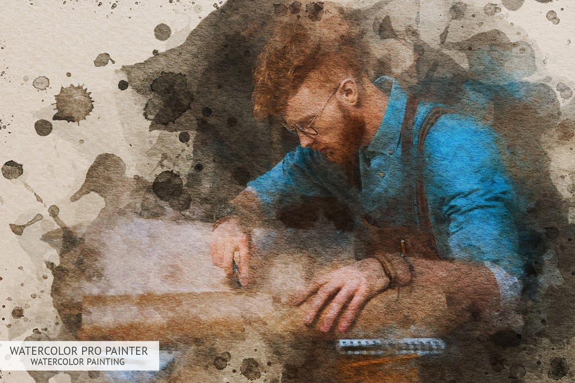 Image of a man working on a drawing with the effect of watercolor pro painter watercolor art.