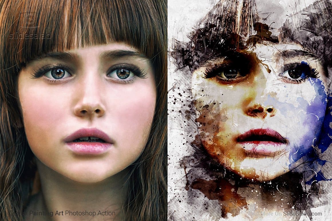 Two parallel images of the girl are made in different artistic styles.