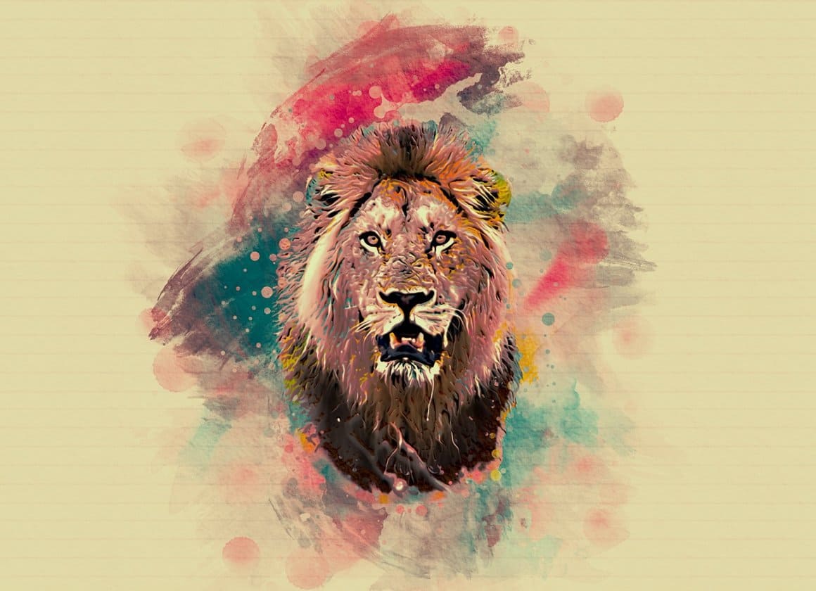 A predatory lion's head is painted with watercolors in Photoshop.