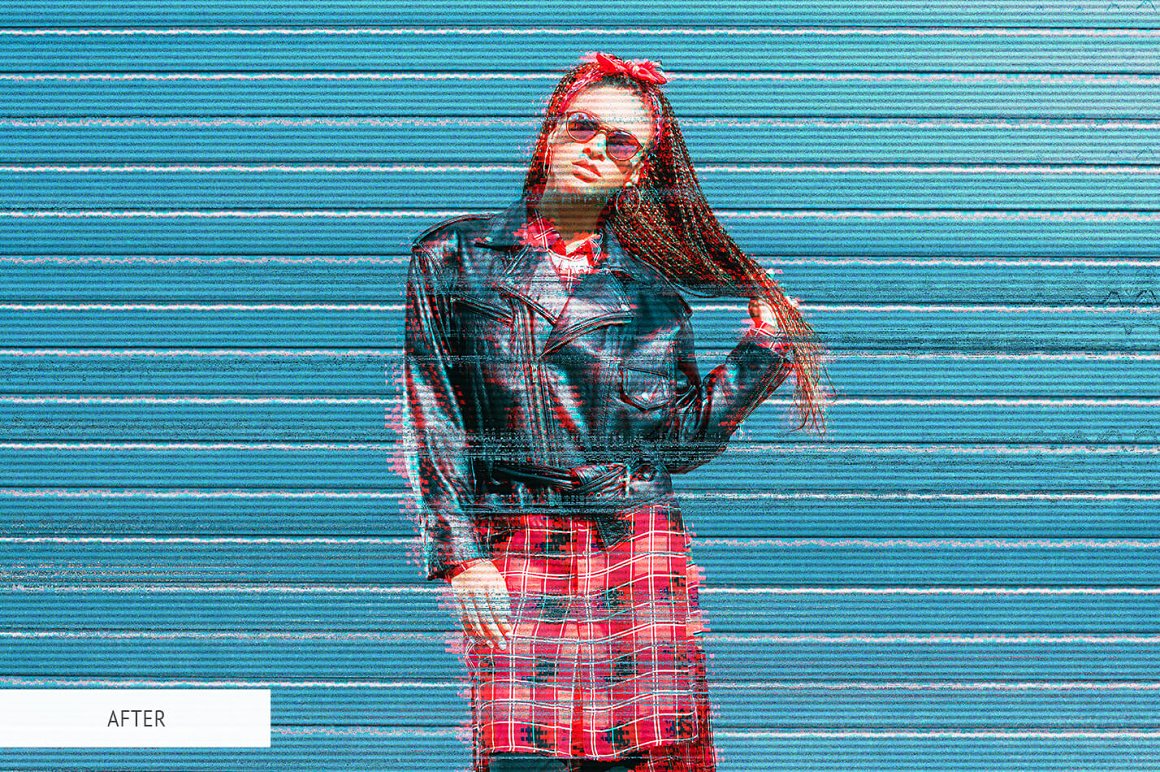 Blur of a girl in a leather jacket and a checkered skirt.