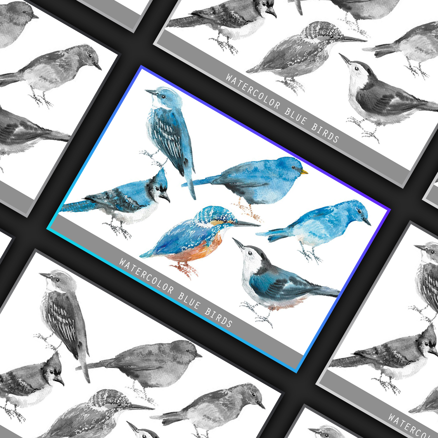 Preview watercolor blue birds.