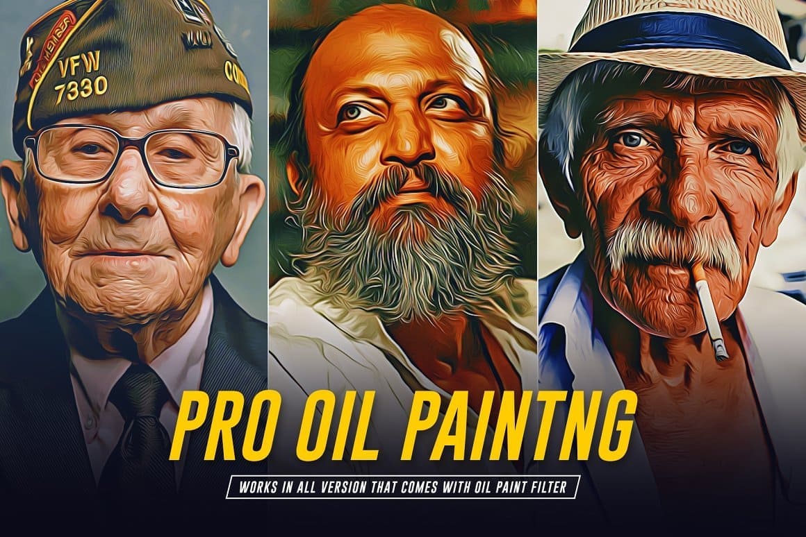 Collage of three portraits of elderly men in the style of oil paintings.