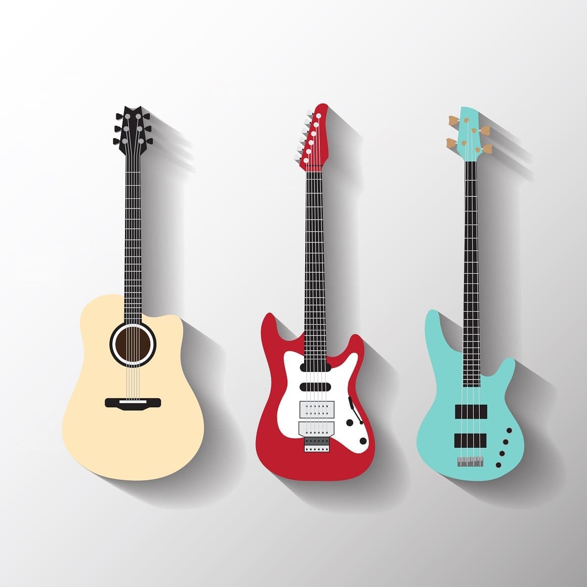 Three different guitars on a white background with shadows.