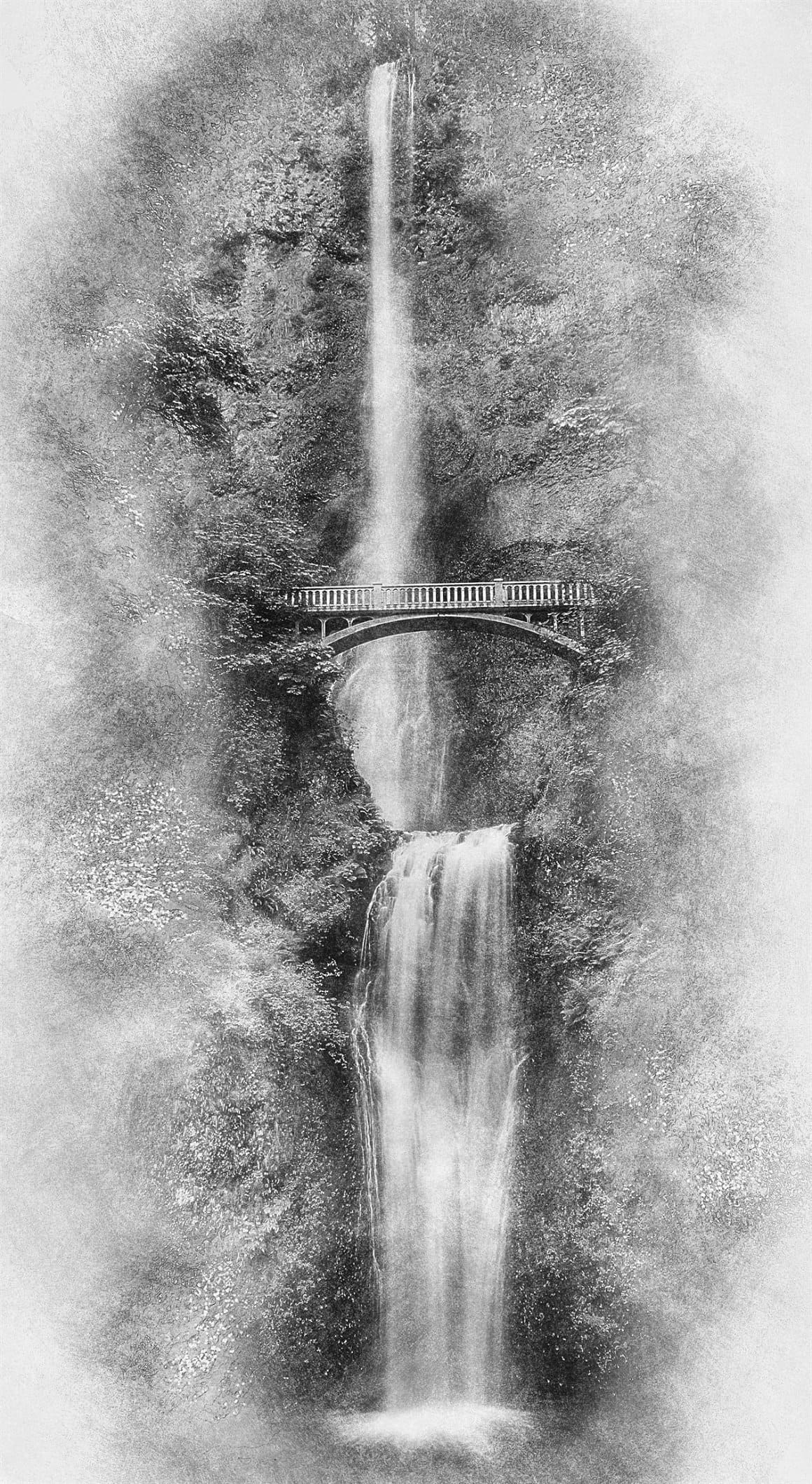 A waterfall with a bridge drawn with a gray pencil.