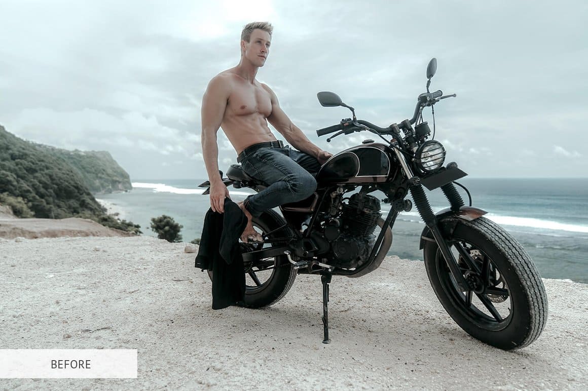 Photo without bright colors, where a man is sitting on a motorcycle.