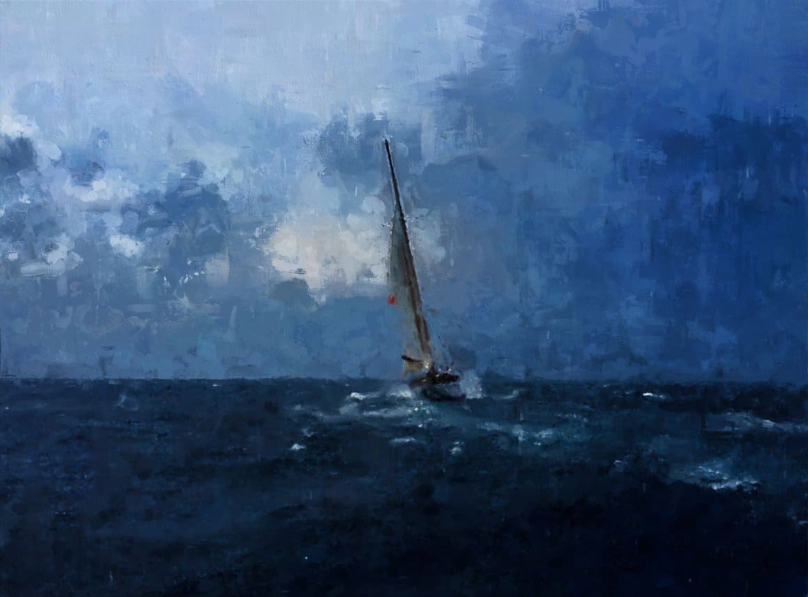 Image of a yacht floating between the sea and the sky with Painted Photoshop Effect.