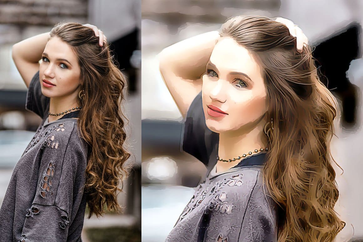 Image of a girl with long hair with the effect of Digital painting Photoshop action.