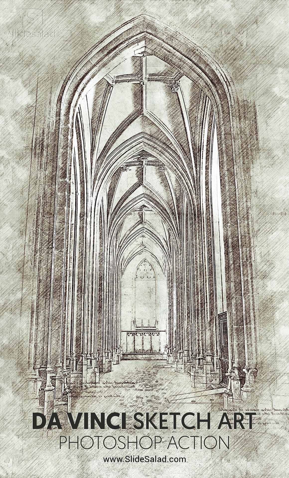 The corridor in the cathedral is drawn using Da Vinci Sketch Art Photoshop Action.