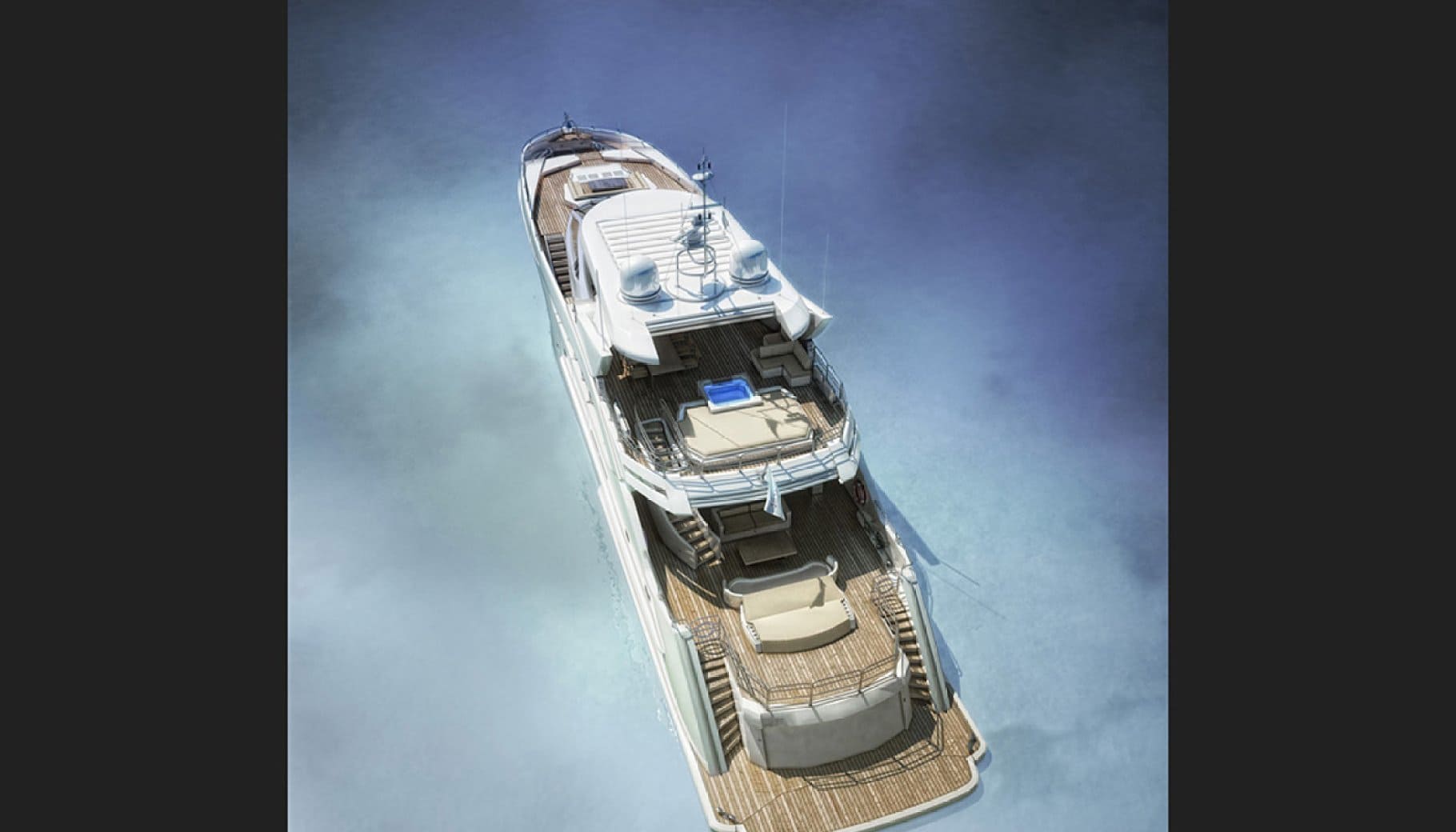 Top view of White Superyacht Sunseeker predator 130 in the bay.