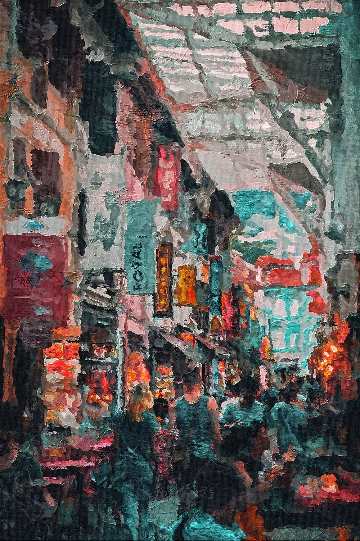 The image of a street where trade is actively taking place was processed in Palette Knife Photoshop Action.