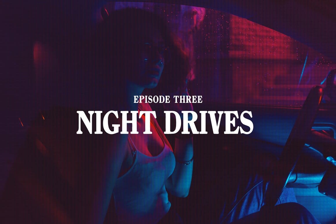 An inscription “Episode three night drivers” on a pink-purple background, where a girl is driving.