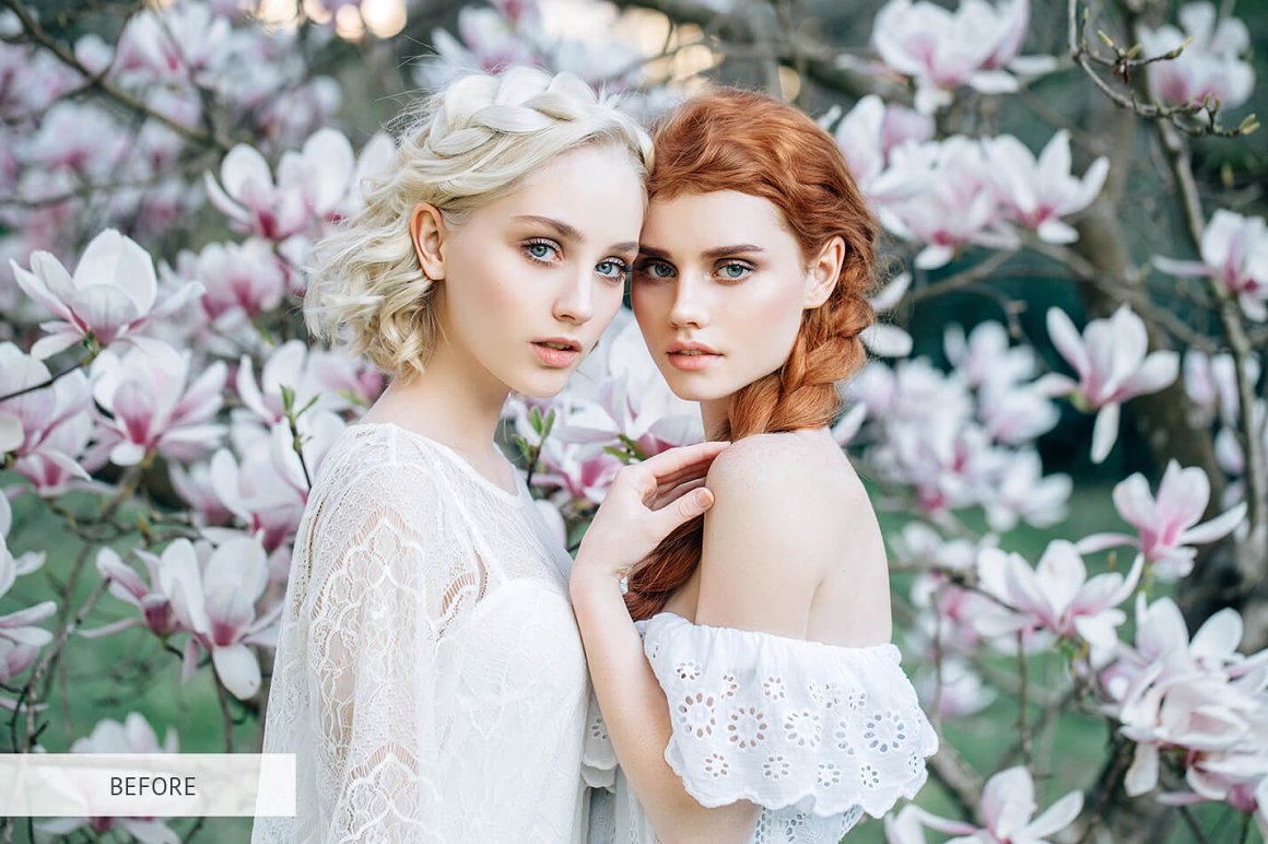 GIRLS on a background of white flowers.