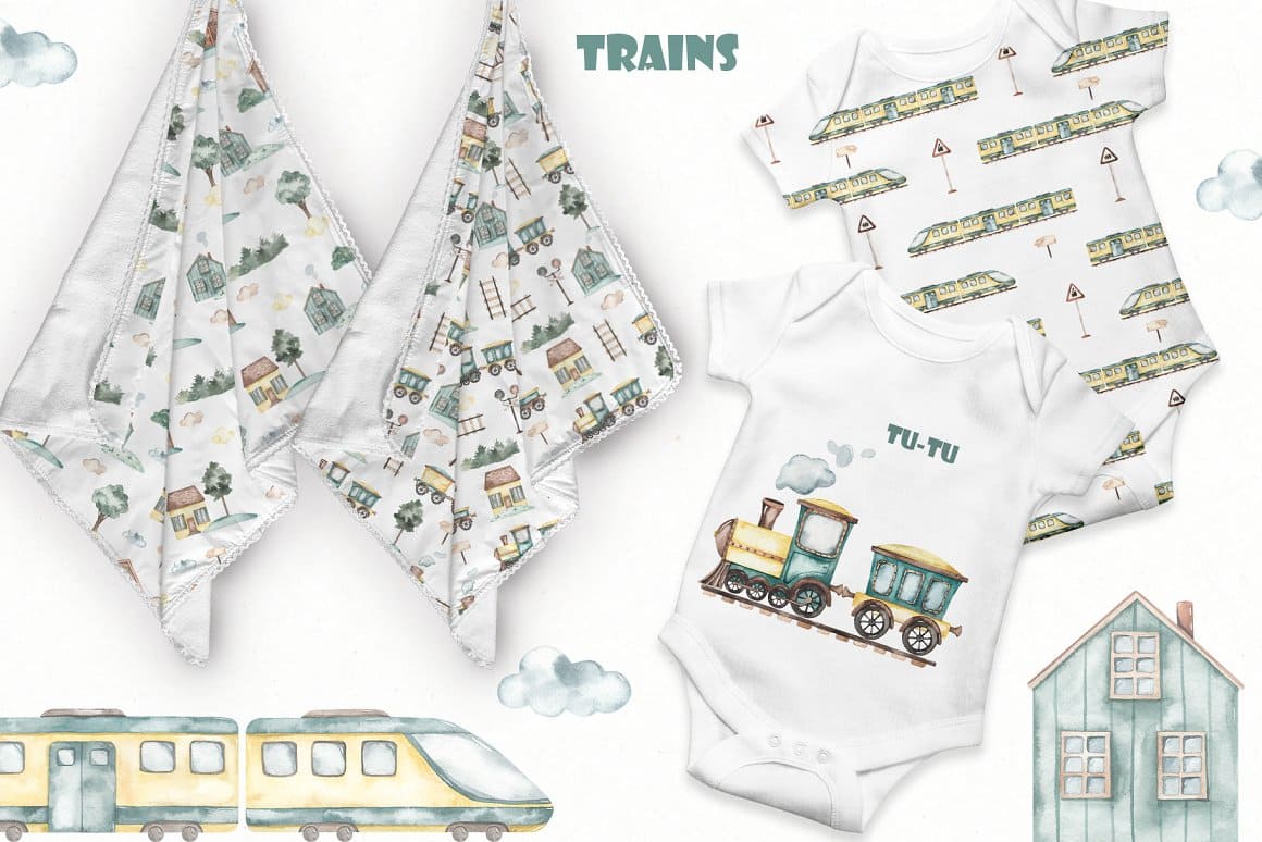 Two towels and two children's bodysuits with a children's railway.