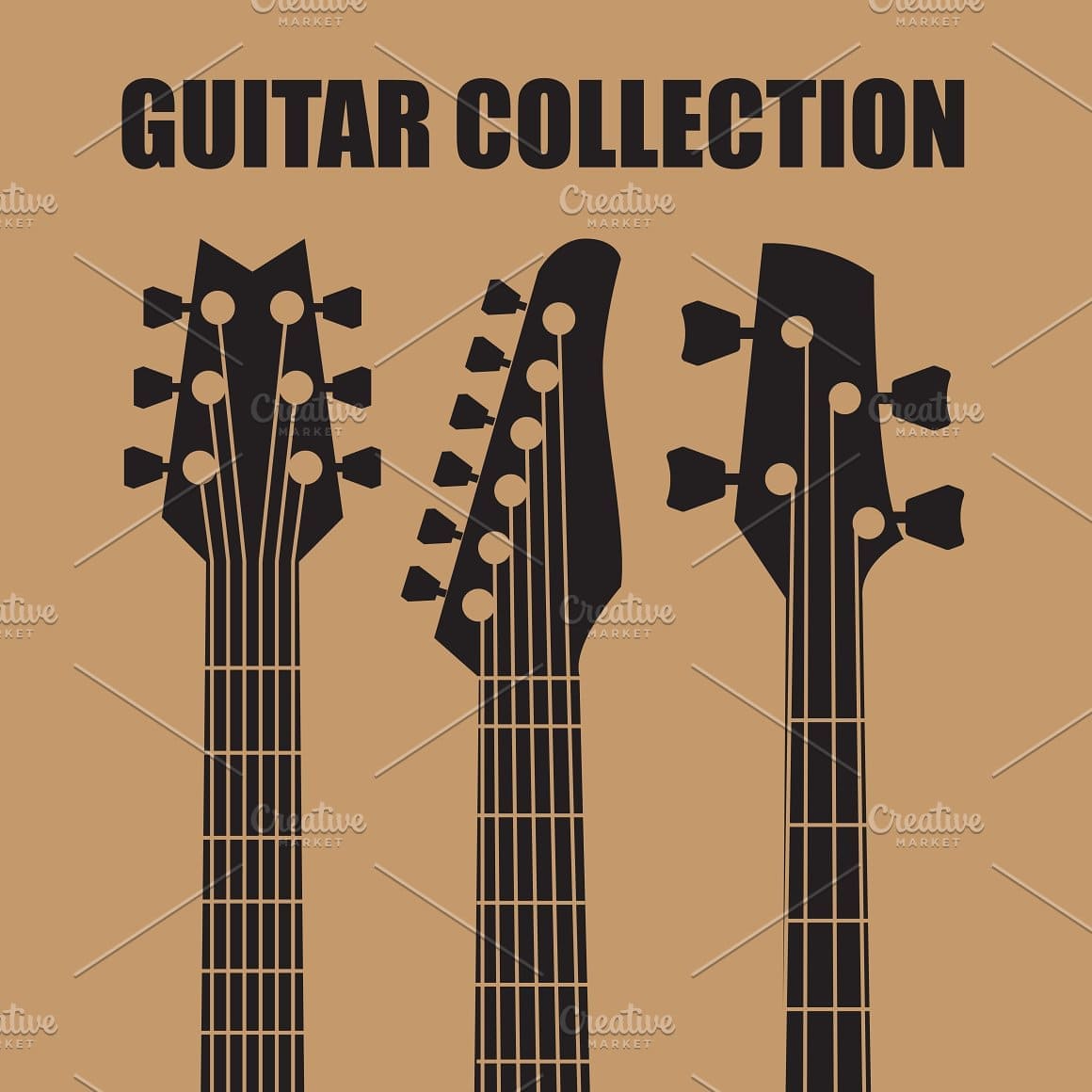 Collection of black guitars on a brown background.