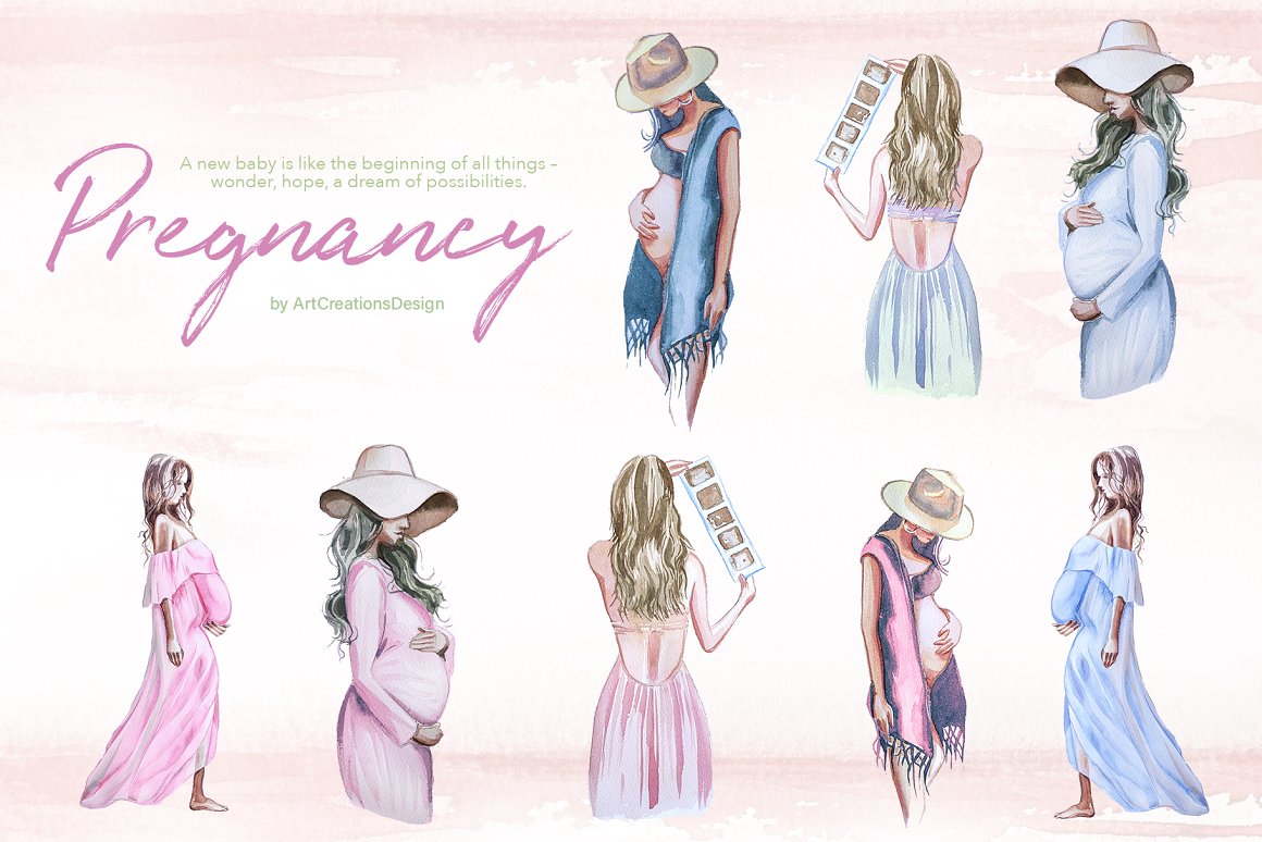 Different poses and clothes for pregnant women.