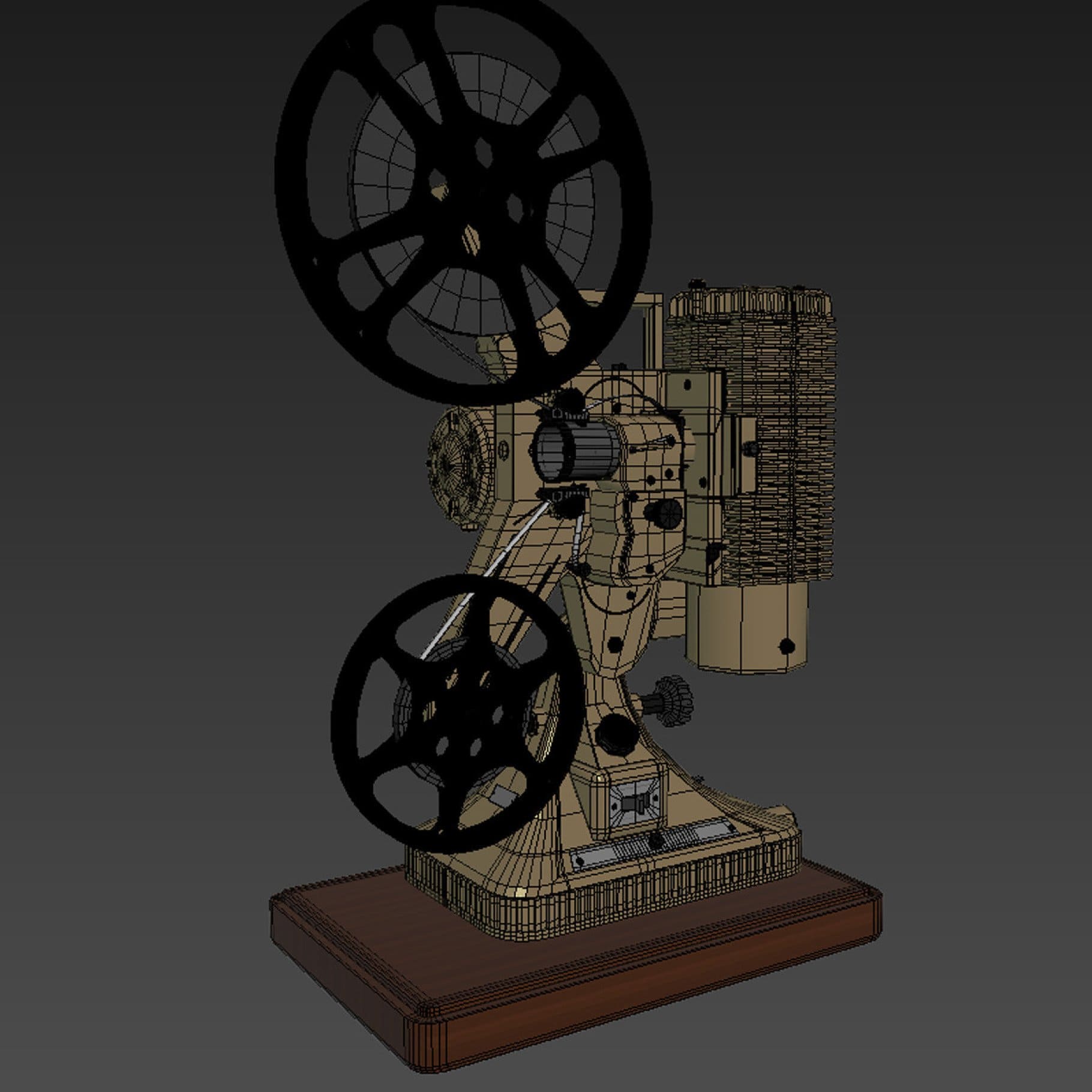 3D model of a projector with black cassettes for rewinding the film.
