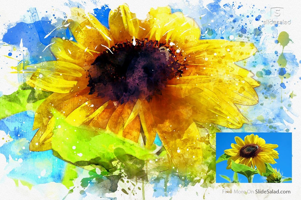 A real and painted image of a sunflower.