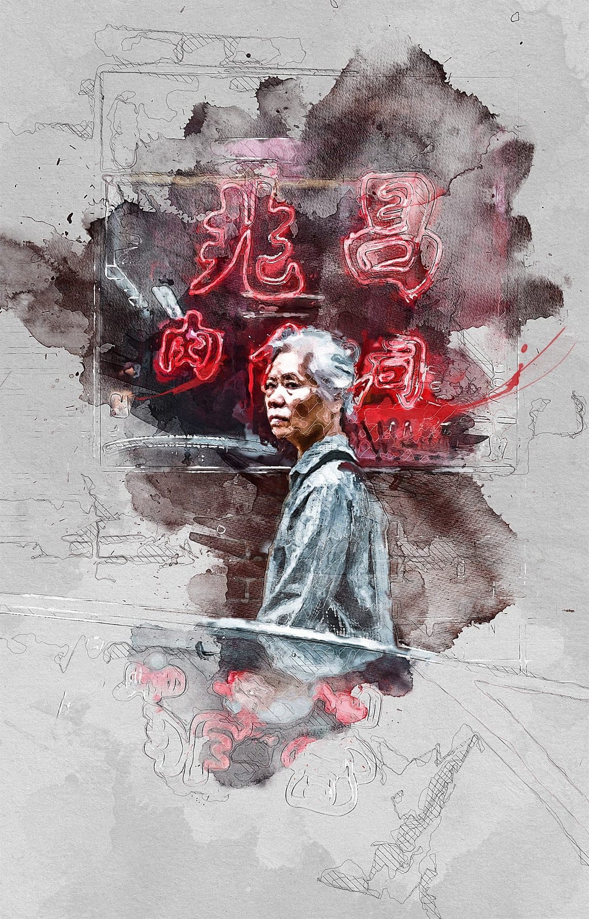 Watercolor image of a Chinese woman walking down the street.