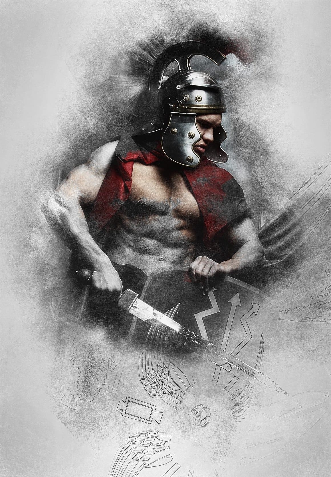 A warrior from a historical era is drawn with gray and red pencils.