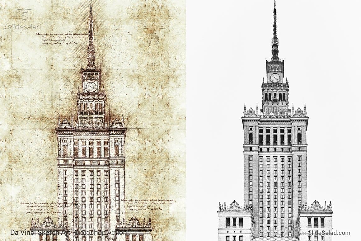 The architectural structure with the clock above is depicted in the photo and in the drawing using Da Vinci Sketch Art Photoshop Action.