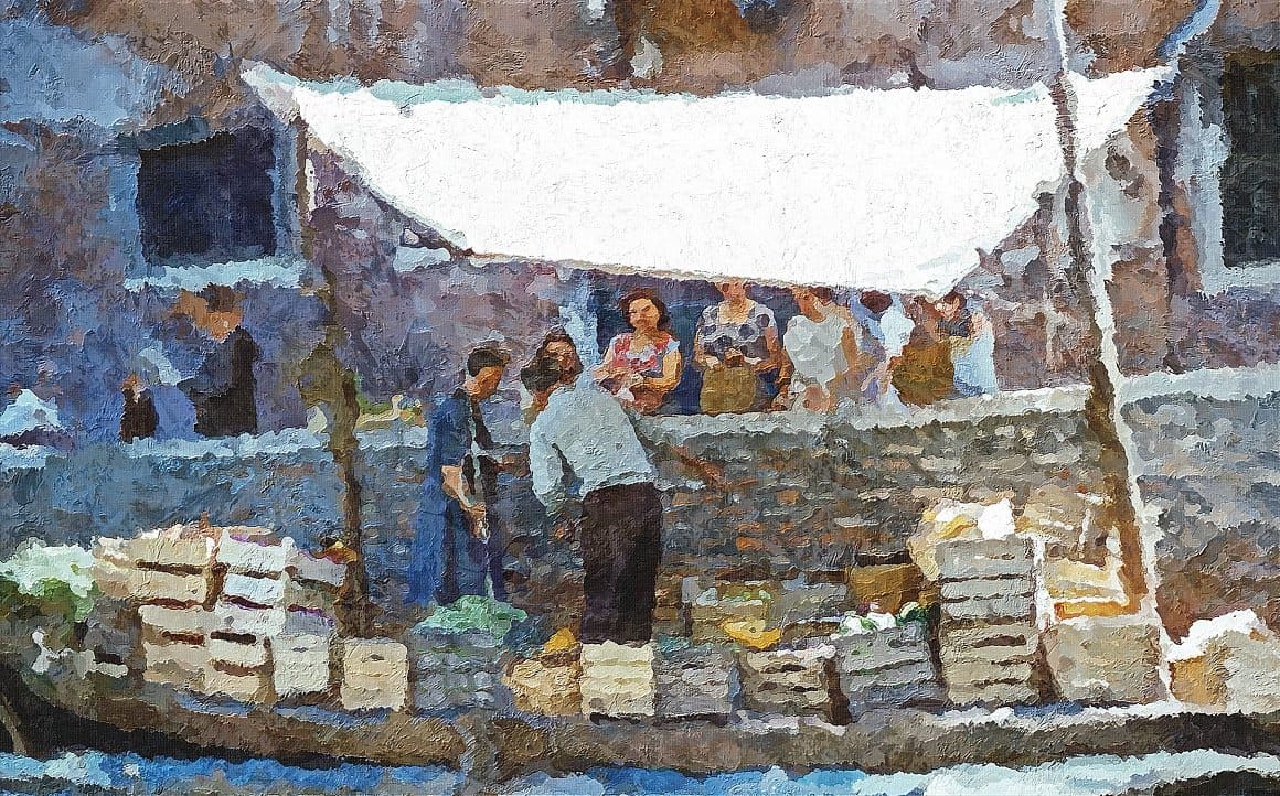 A photo of a white tent, wooden boxes, and people was processed in Palette Knife Photoshop Action.