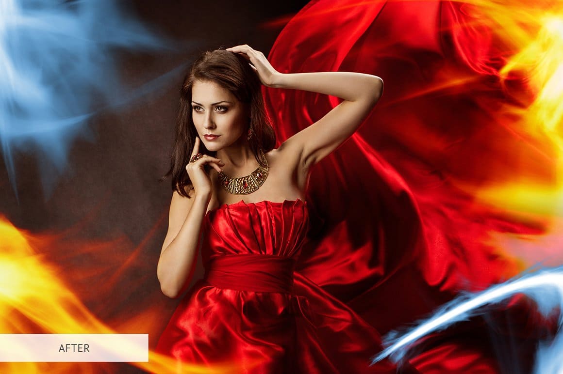 A combination of blue and orange fire in the photo of a girl in a red dress.