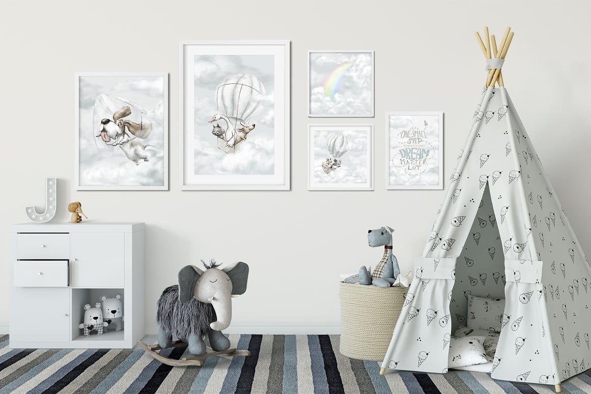 A children's room with aerial travelers in paintings and a children's wigwam on the floor.