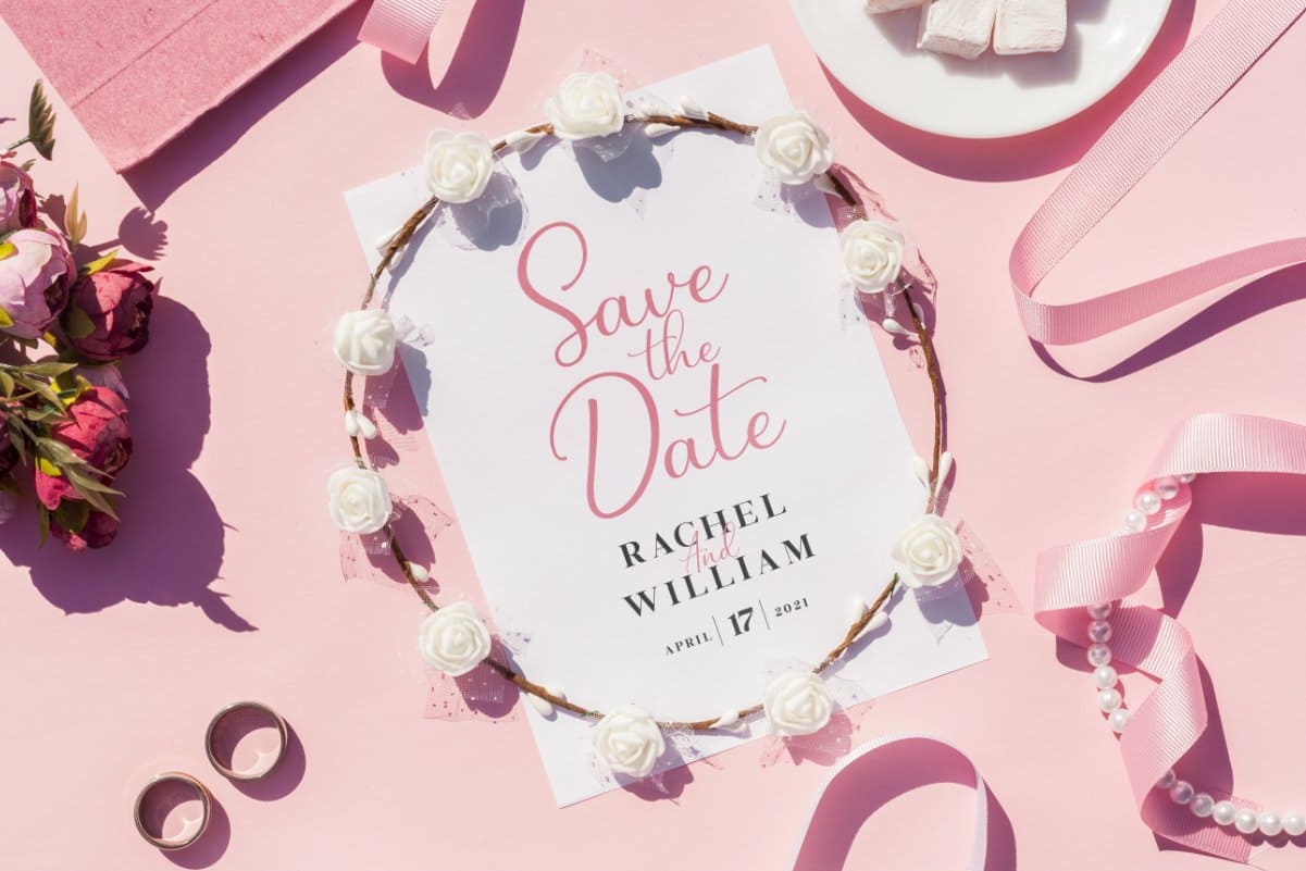 "Save the Date Rachel William" postcard.