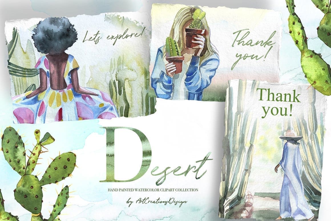 Postcards with women in the desert with cacti.