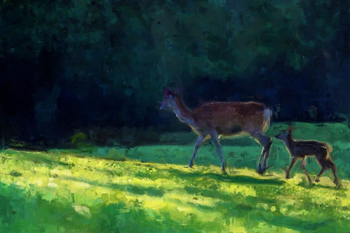 Image of mother and baby deer walking in a field using Painted Photoshop Effect.