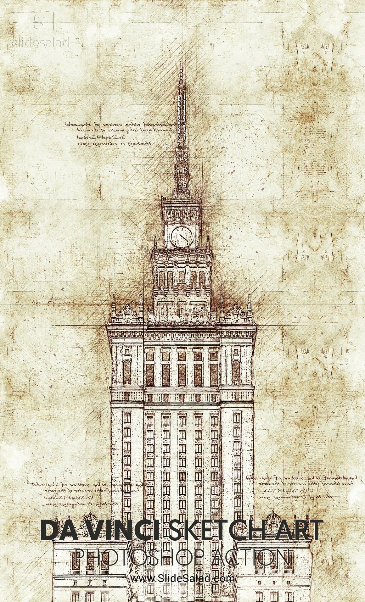 Drawing of an architectural structure using Da Vinci Sketch Art Photoshop Action.