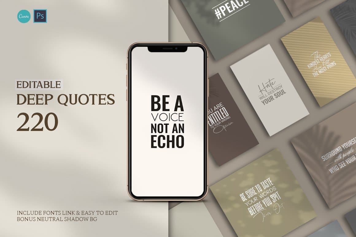 220 editable deep quotes include fonts link and easy to edit bonus neutral shadow.