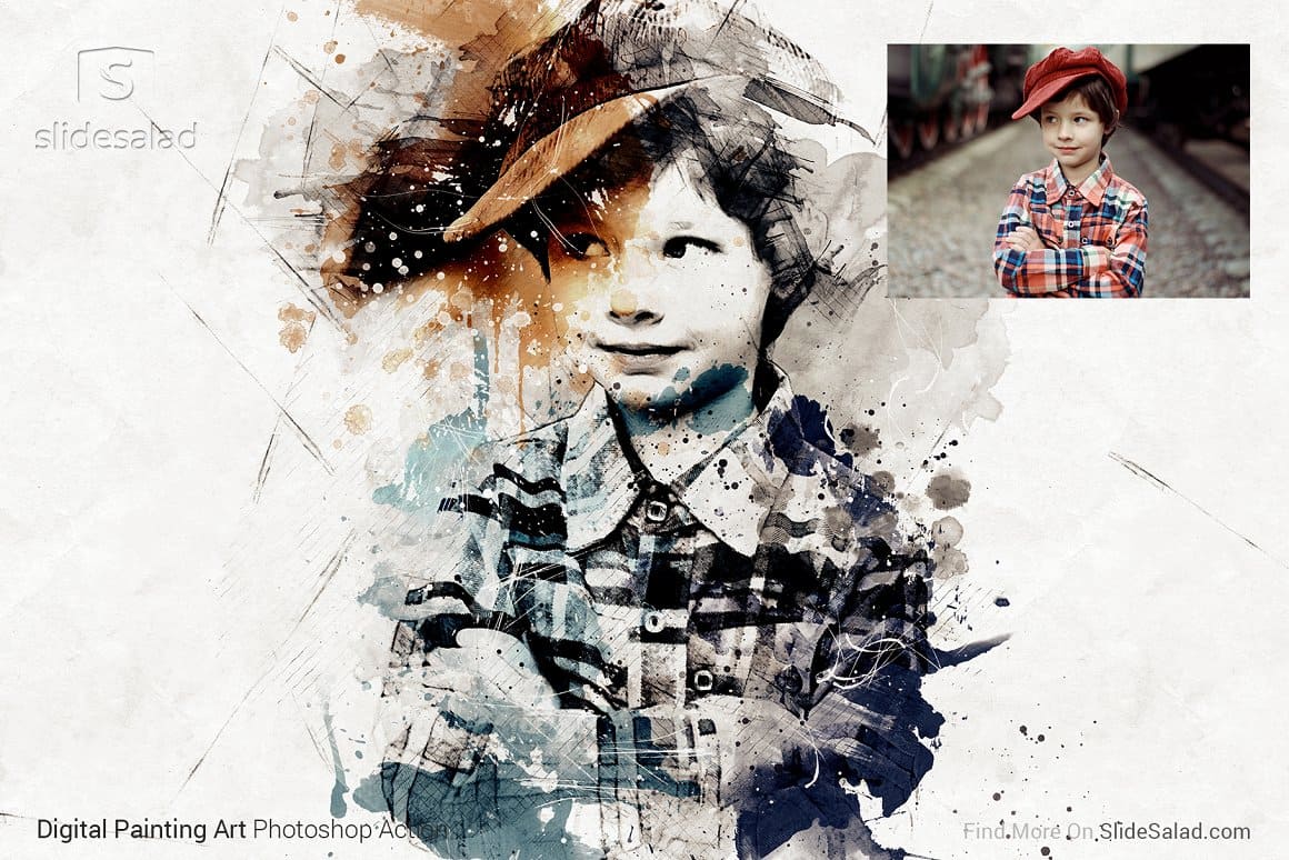 A color photo of a boy and a retro watercolor variation of this photo.