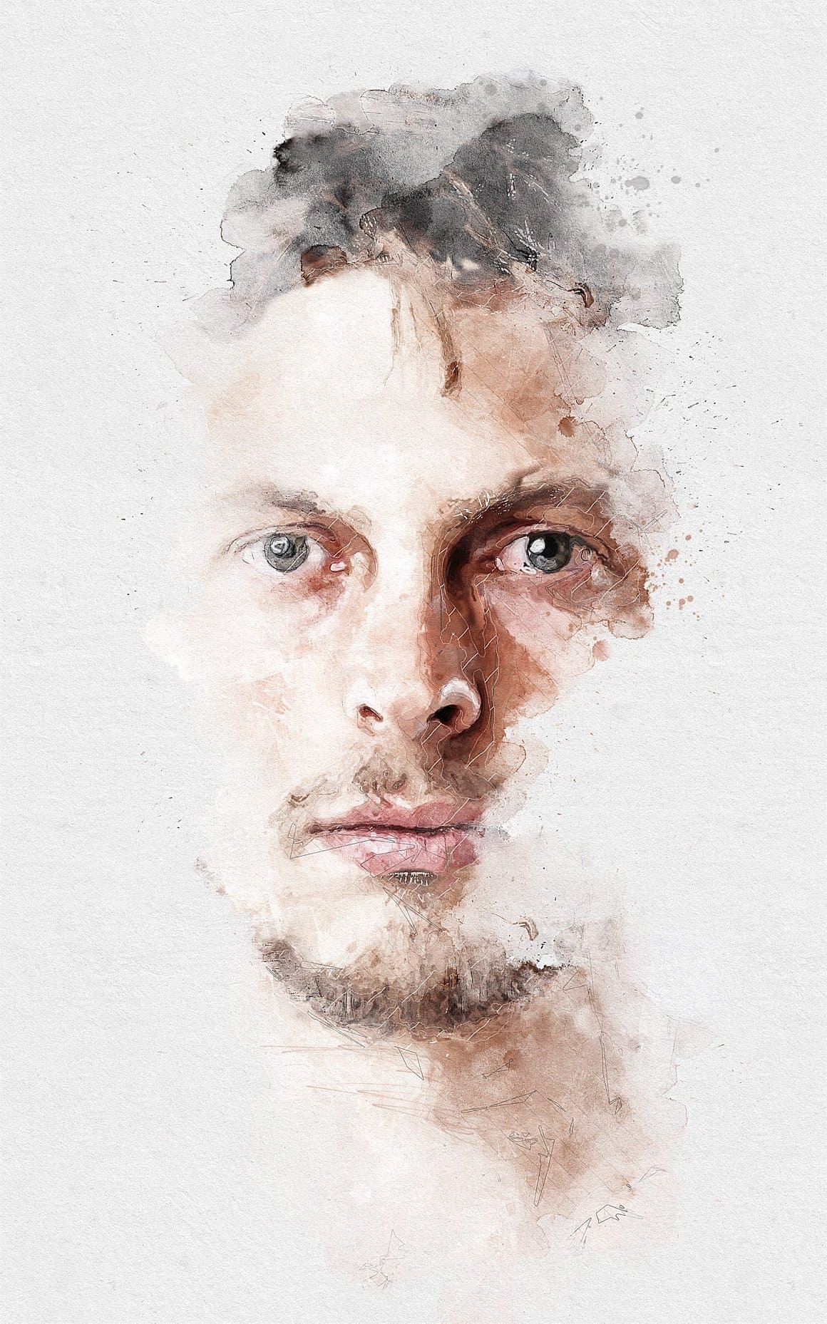 A watercolor image of a man with gray eyes created in Photoshop.