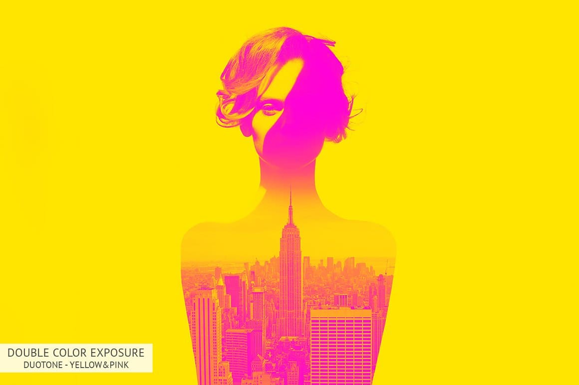 Yellow and pink image of a girl with a combination of buildings of America.