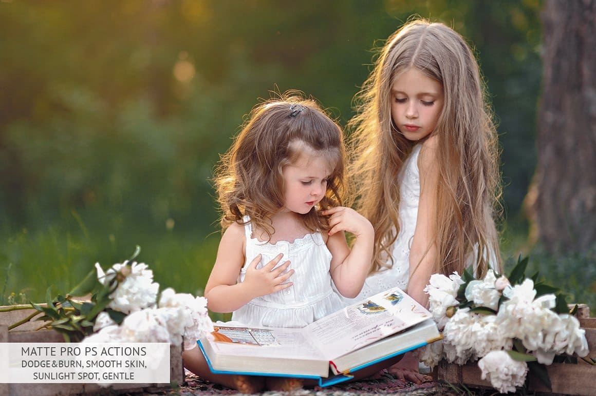 Children read a book and the sun plays in their hair using Matte Pro.