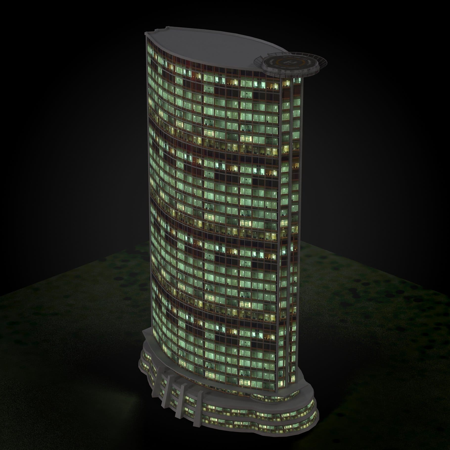 A skyscraper is drawn on a summer night background.