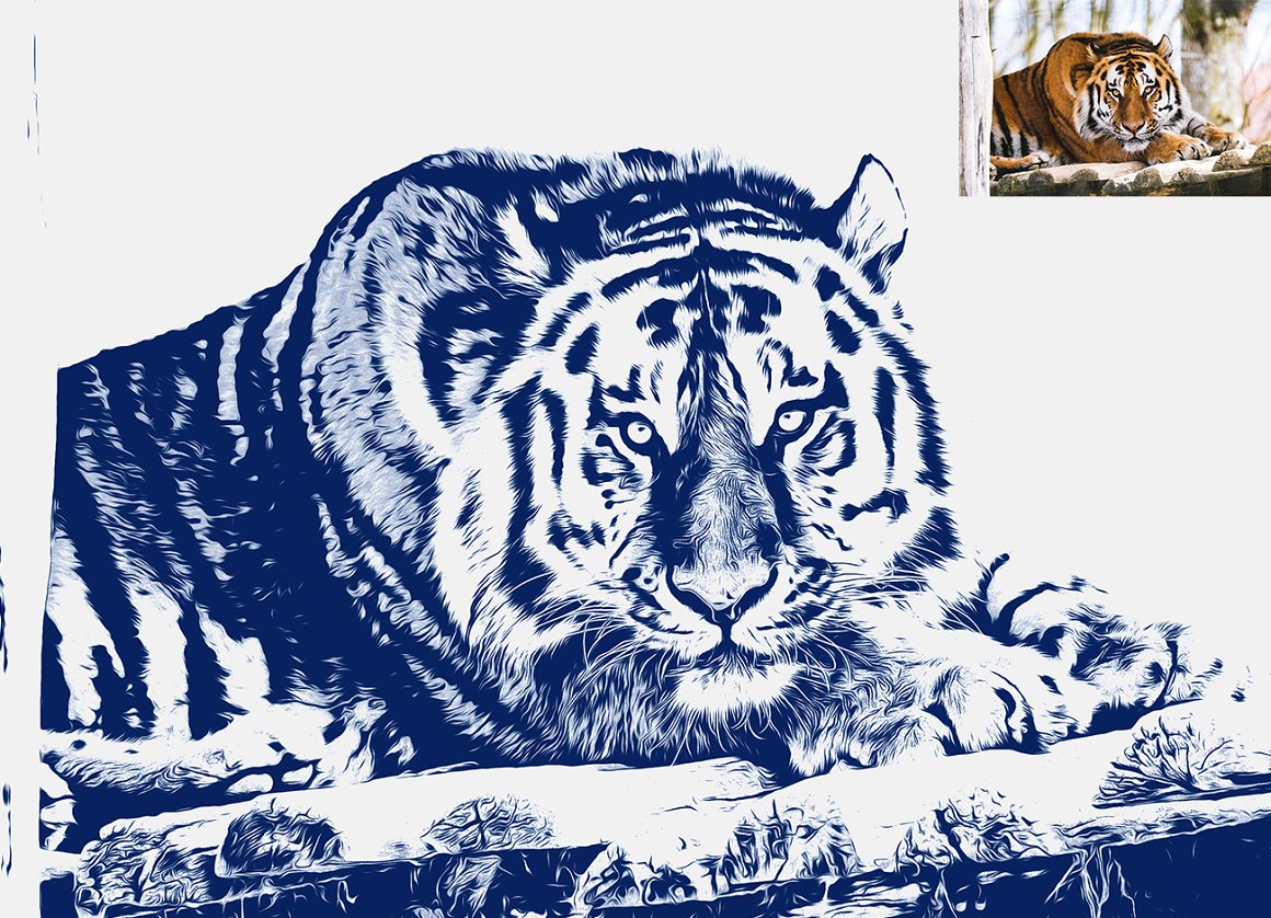 Blue image of a tiger and others.