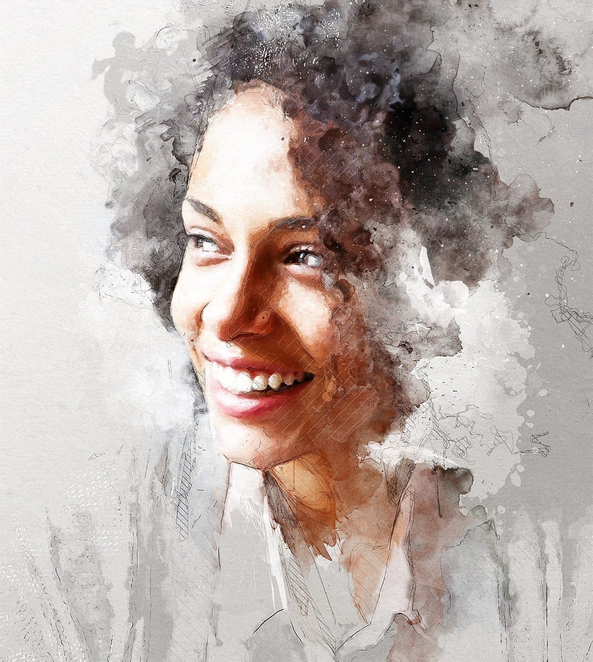 A charming smile of a woman with wavy hair is painted with watercolors in Photoshop.