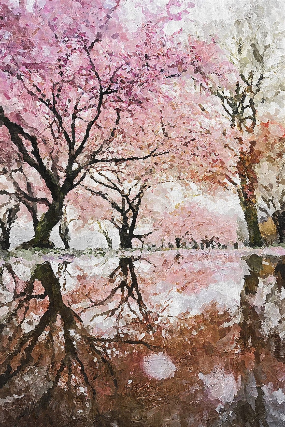 Photo of pink cherry blossoms reflected in water processed in Palette Knife Photoshop Action.