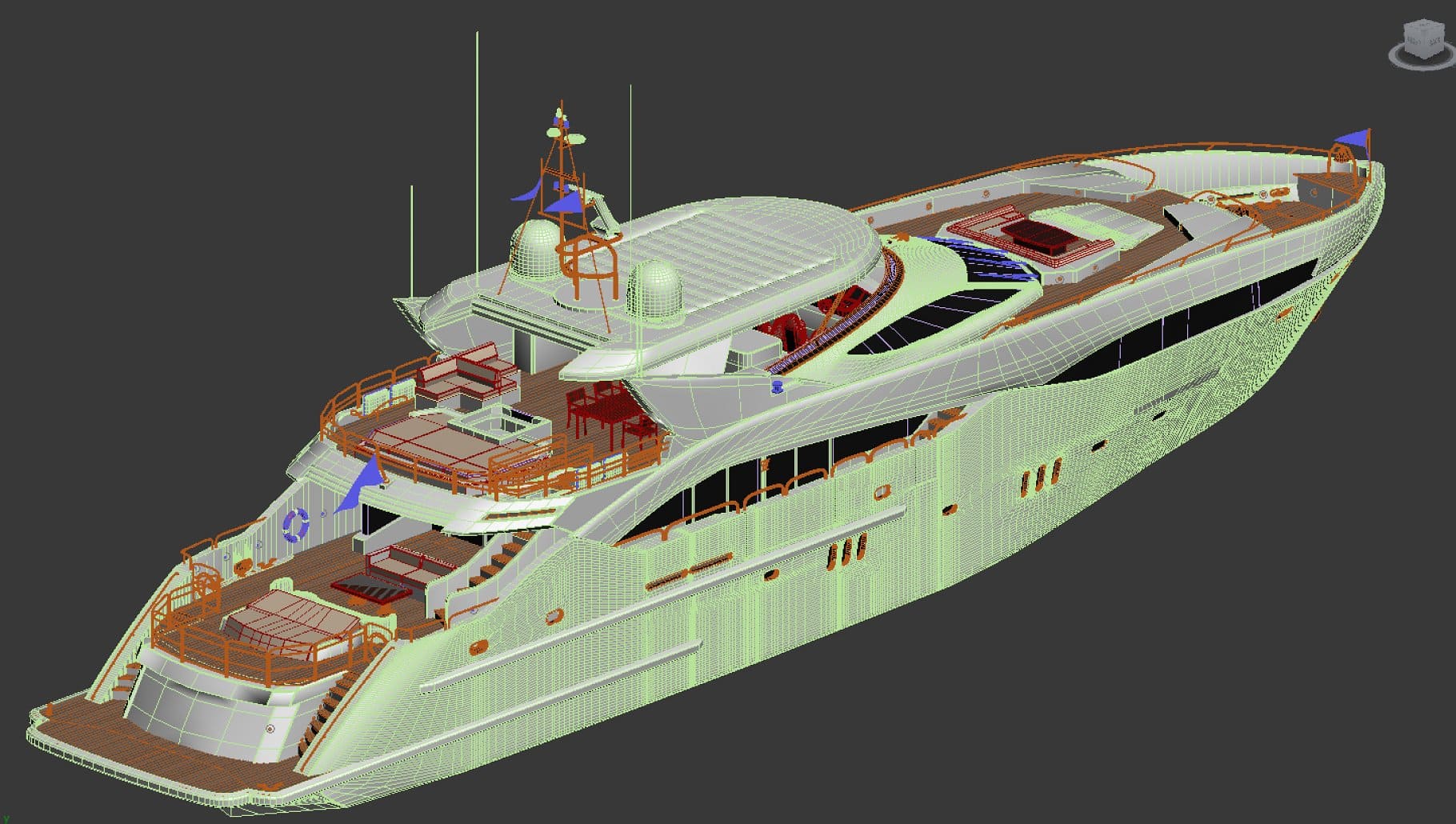 Sunseeker predator 130 Superyacht model with green lines in the graphic editor.