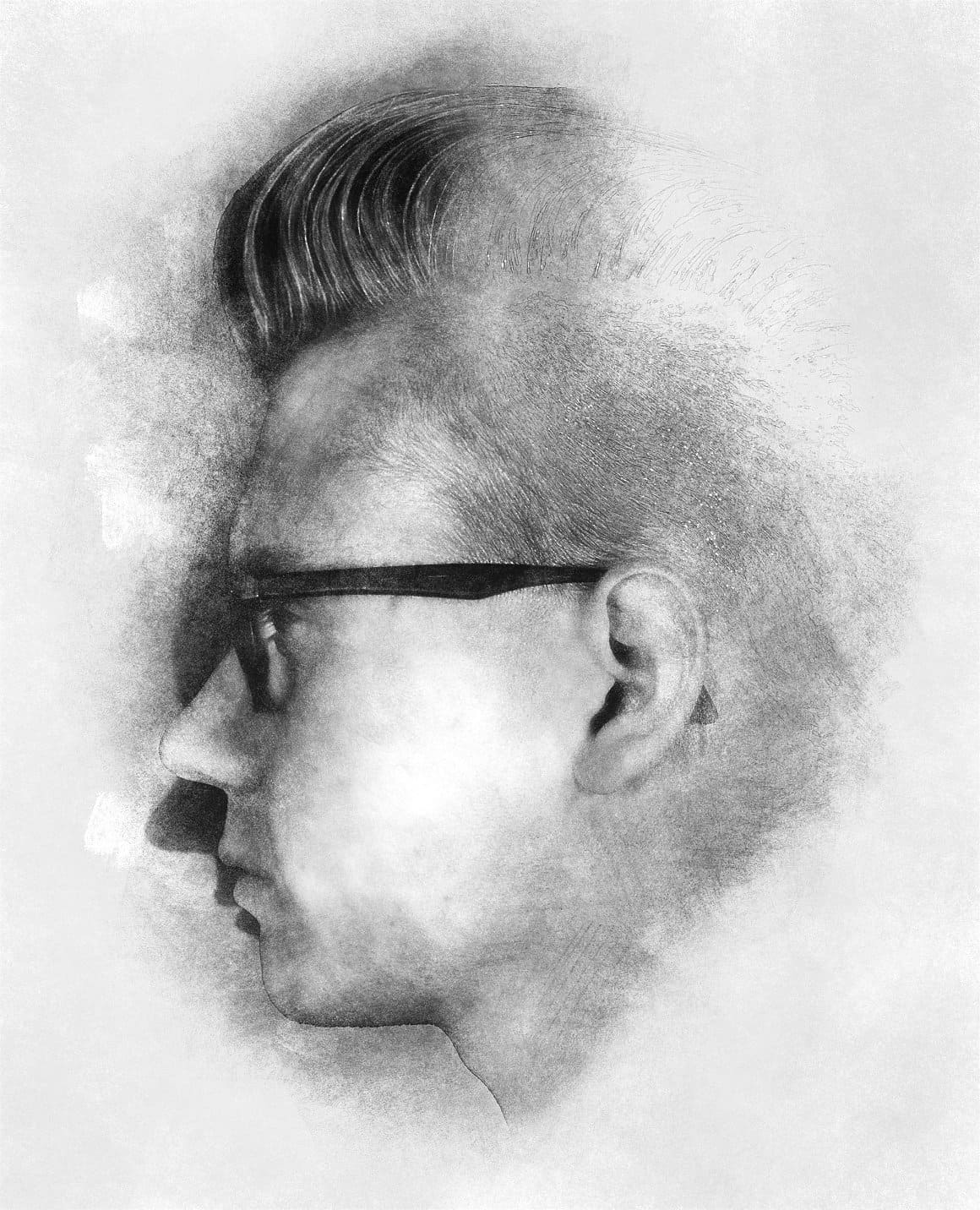 Photo of a man in glasses with a high hairstyle processed in Photoshop.