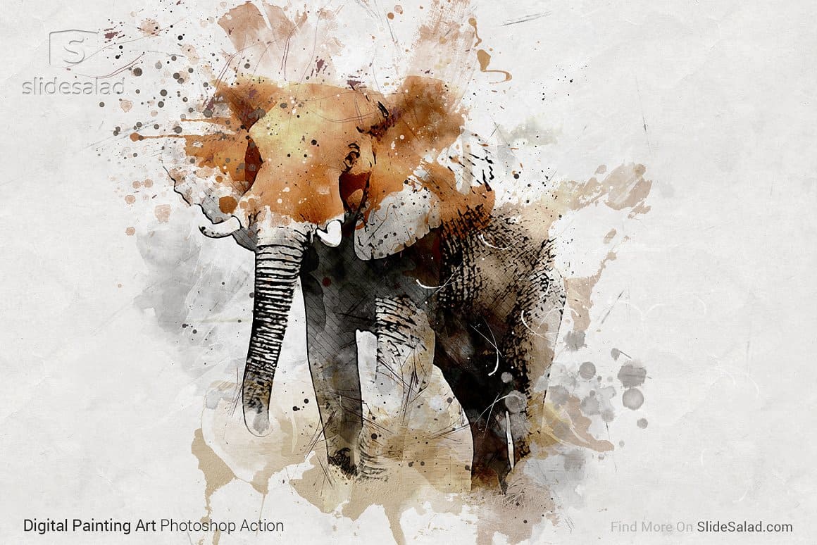 Watercolor image of an elephant in black and brown colors.