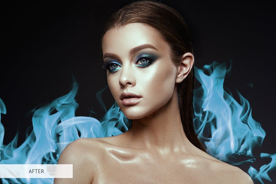 Blue fire decorates the portrait of a girl with light eyes.