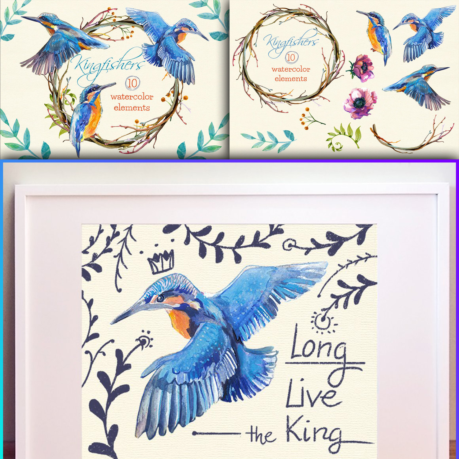 Images with kingfishers watercolor clip arts.