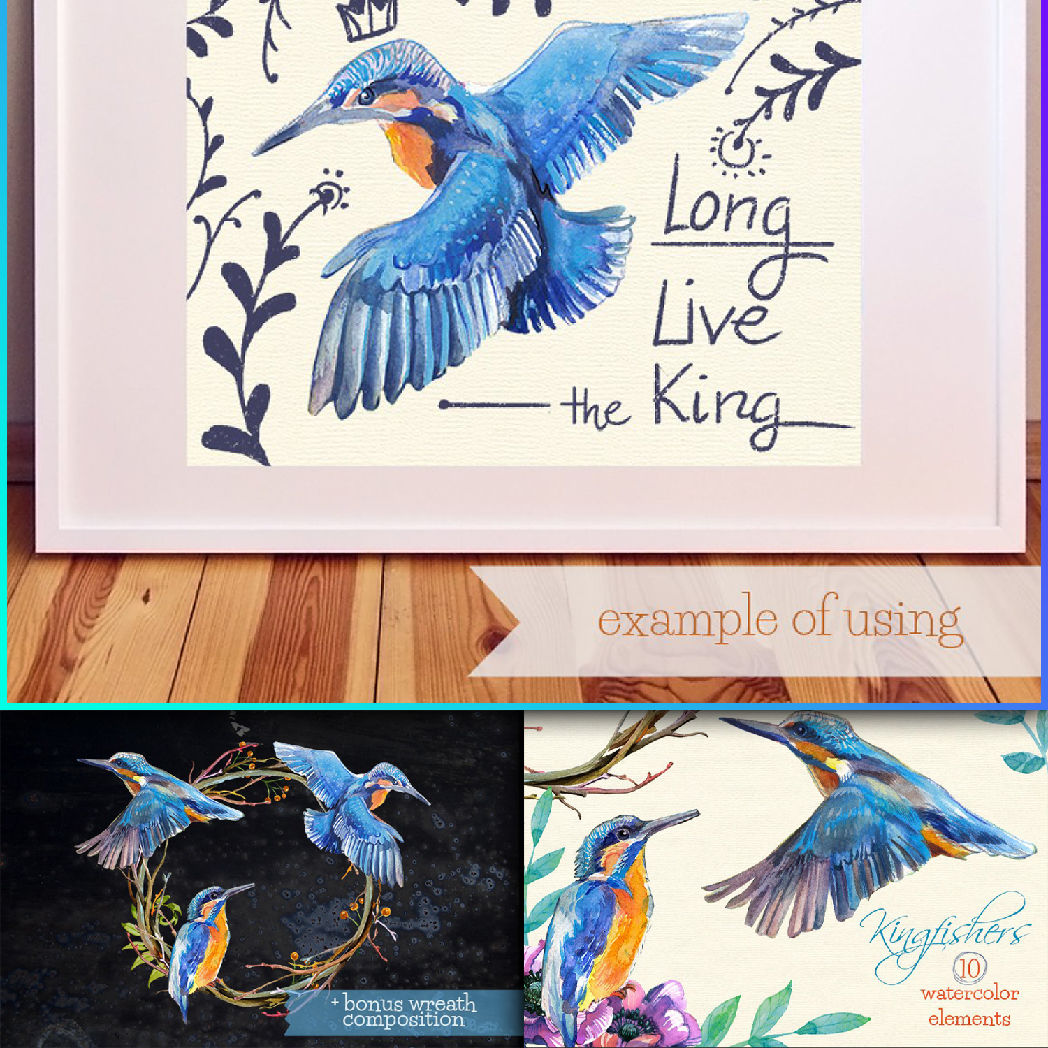 Preview kingfishers watercolor clip arts.