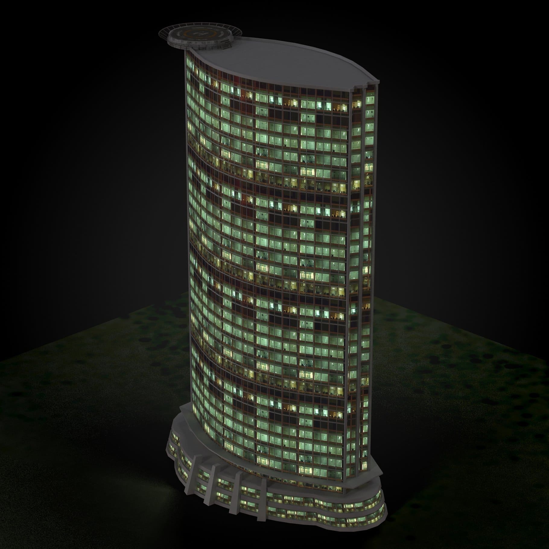Image of a skyscraper with dark and illuminated windows.