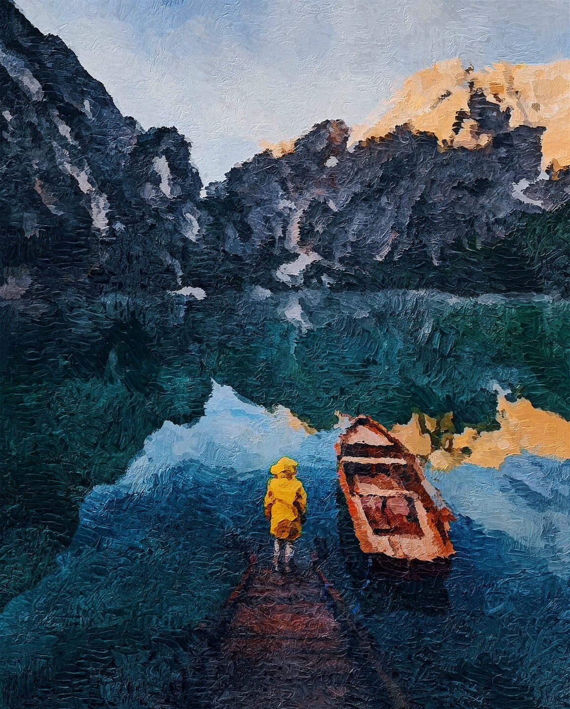 The images of mountains, a lake, a boat and a man in a yellow jacket on the shore are processed in Palette Knife Photoshop Action.