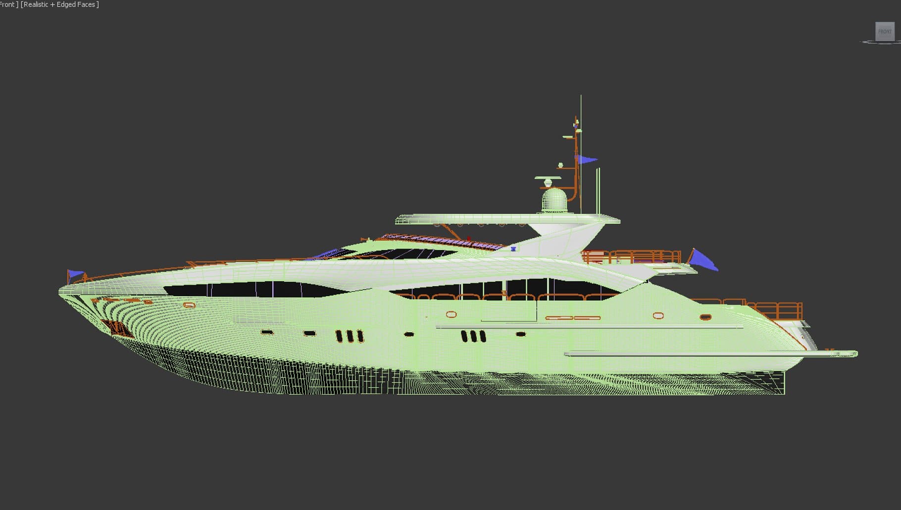 Side view of the Sunseeker predator 130 Superyacht Model with green lines in the graphics editor.