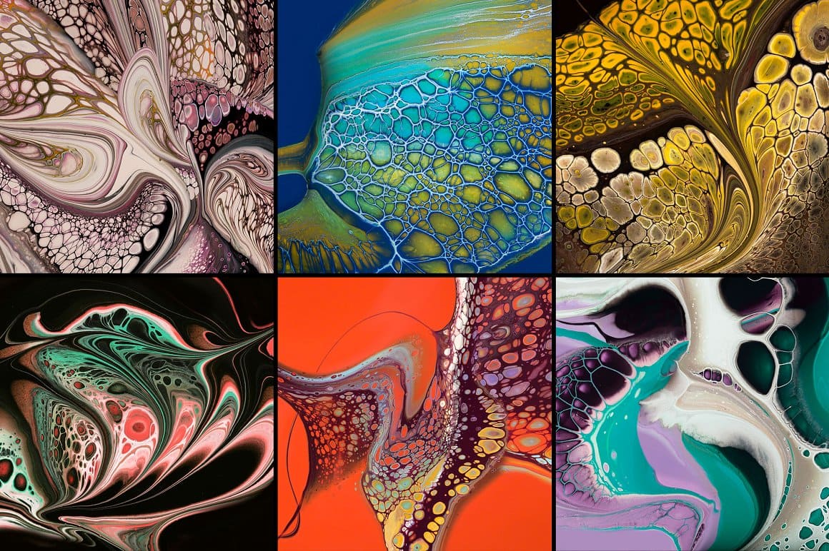 Six fantastic textures using Viscosity fluid acrylic paint textures.